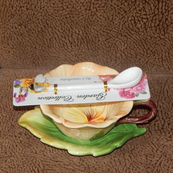 Corner Ruby Garden Collection Gold Sand Flower Teacup Leaf Saucer & Spoon New - Picture 4 of 12